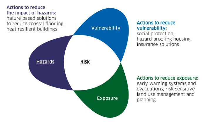 Venn diagram illustrating risk as a function of intersecting hazards, vulnerability and exposure. Plain text for this graphic can be found below. 