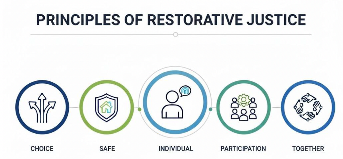 A picture with the heading Principles of restorative justice.
This is followed by a diagram of the five principles of restorative justice. The five principles are represented by 5 circles in a horizontal line. Each circle has an image within. 
Choice is represented by three diverging arrows in a circle.
Safe is represented by a house within a shield within a circle.
Individual is represented a person with a speech bubble in a circle.
Participation is represented by a group of people in a circle.
Together is represented by four hands within a circle.