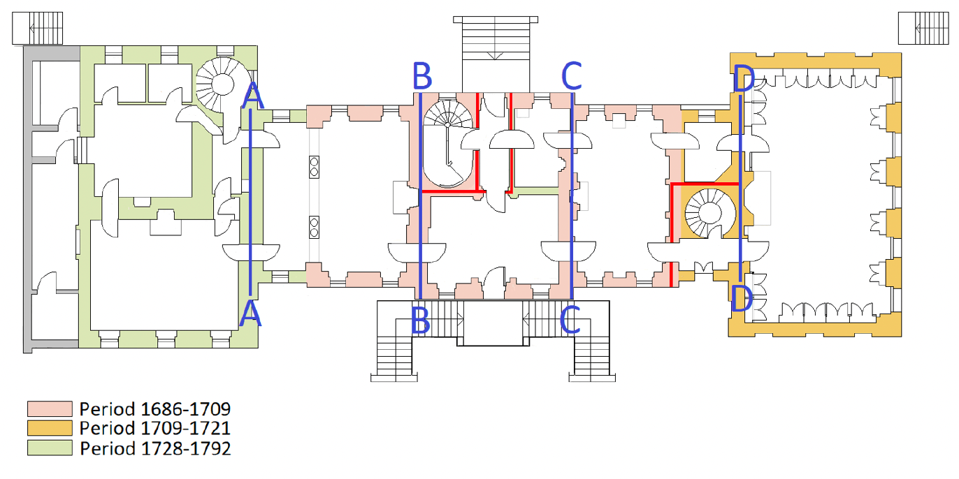 Plan and satellite image of a building with natural fire barriers