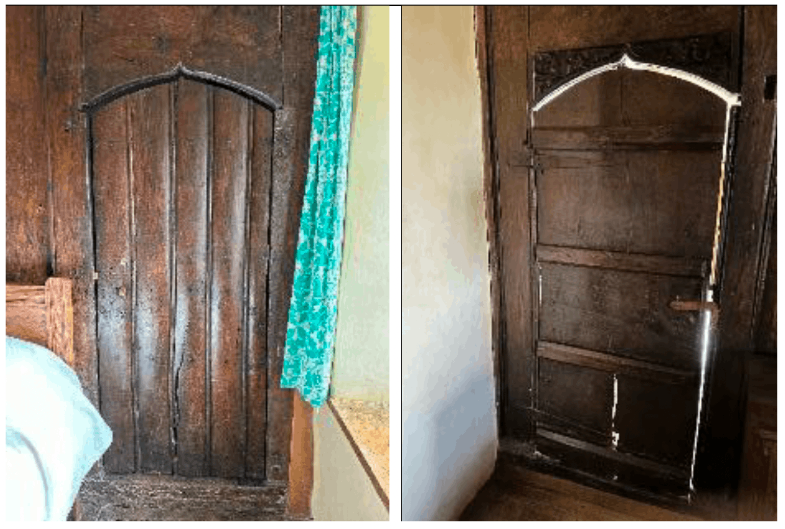 Image of two sides of a single plank historic oak door too unique for upgrading