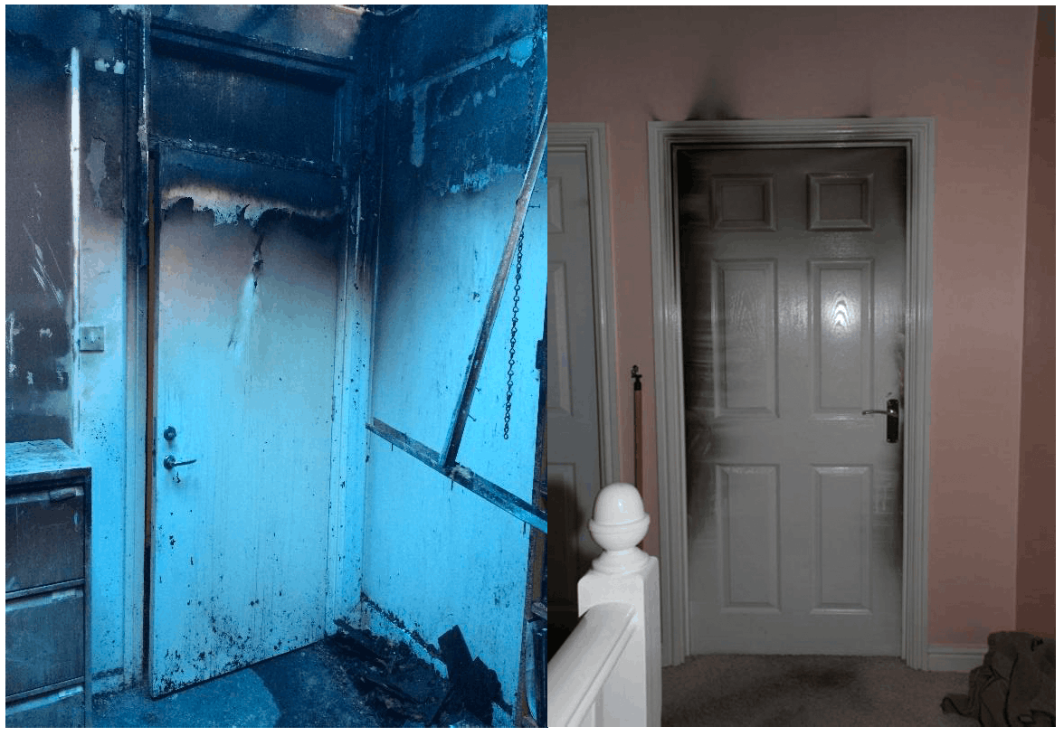 Image of a door damaged by an unventilated fire