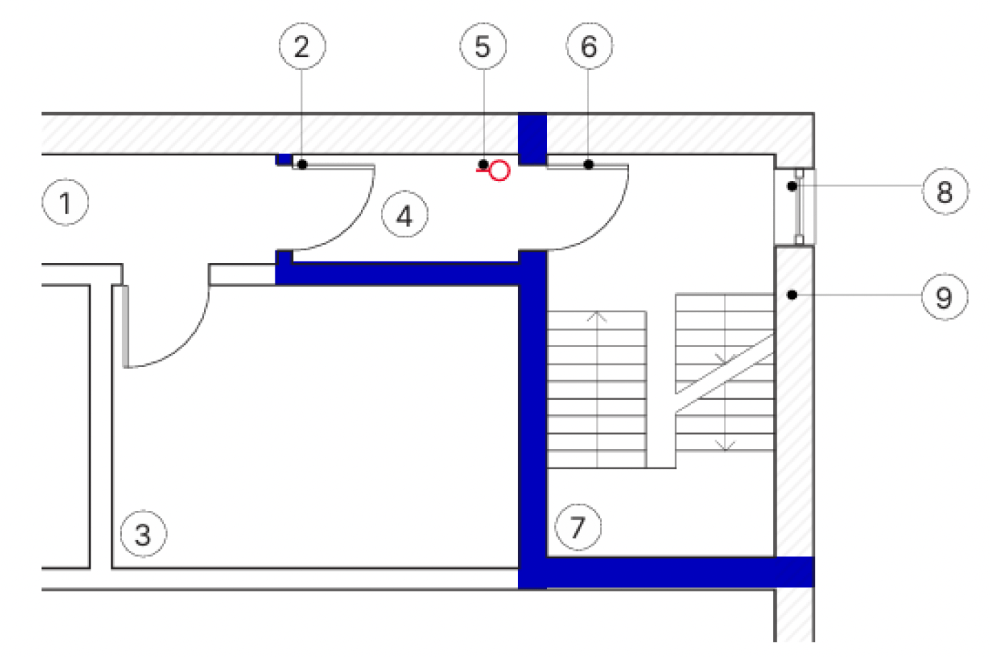 Plan diagram showing access to fire-fighting stair with walls to stair and protected corridor maintaining long or medium fire resistance.