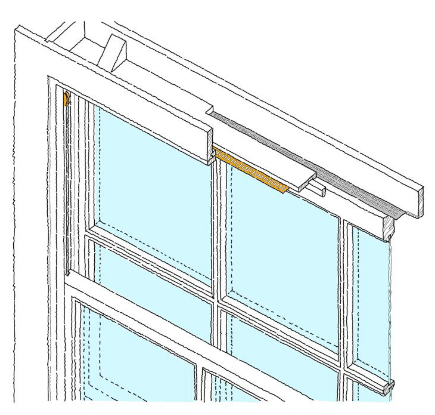 Diagram showing ventilation slots cut into existing window case
