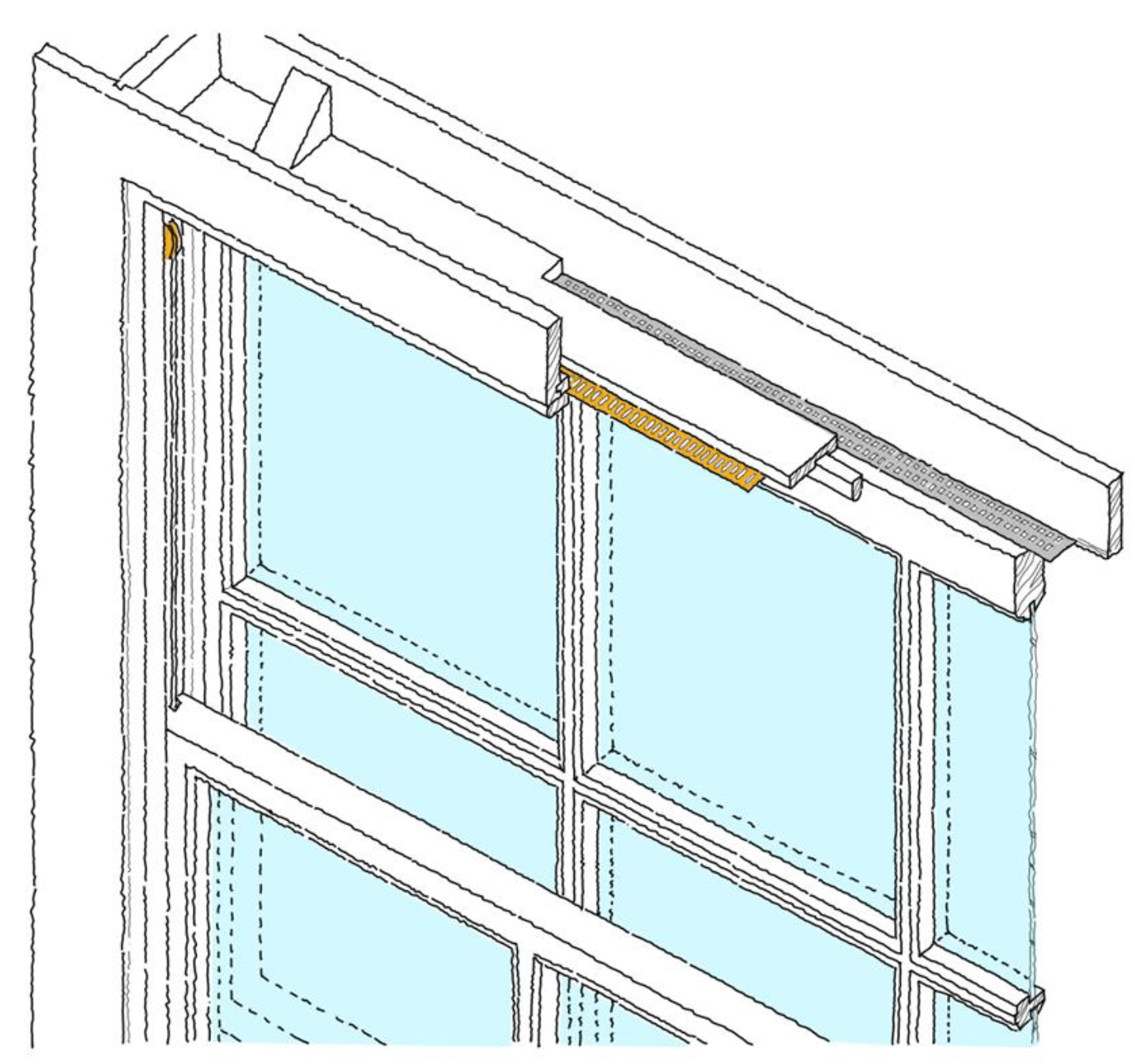 Diagram showing ventilation slots formed in existing window case.