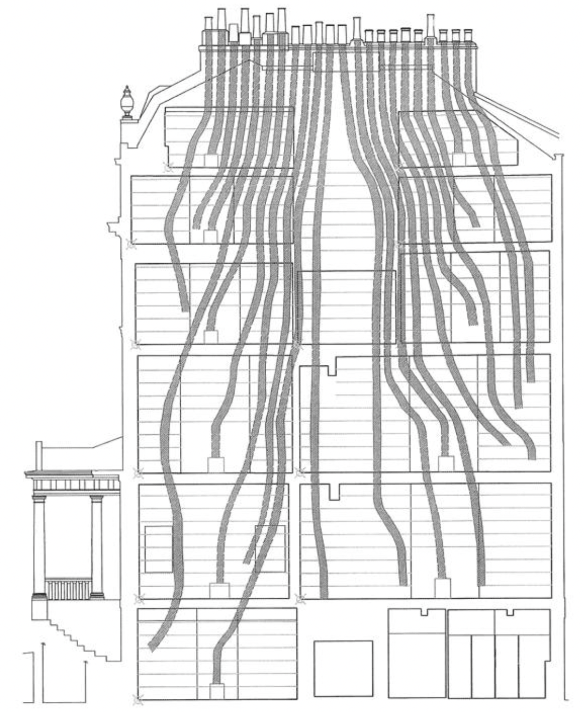Detail section of the party wall of a multi-storey building. Flues are tracking from all floors to a number of chimneys shown at roof level.