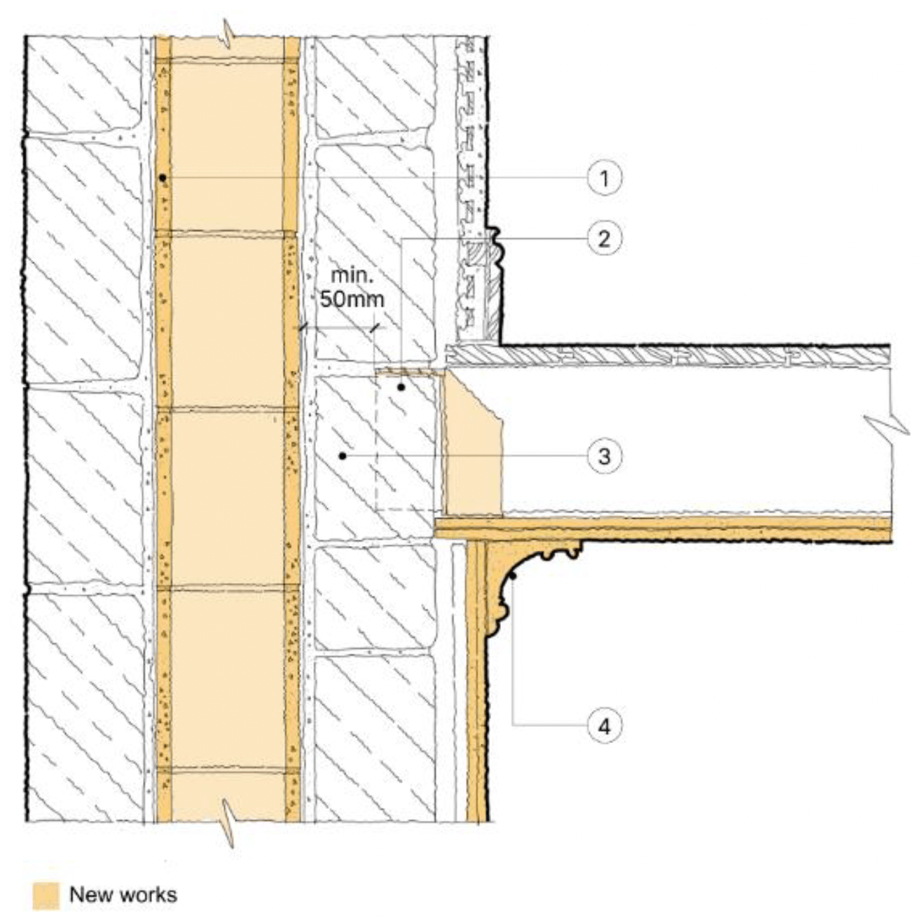 Detail section of masonry chimney with new flue lining. Floor joists are altered and supported by metal hanger to maintain fire separation distance. Existing ceiling and ceiling detailing are reinstated.
