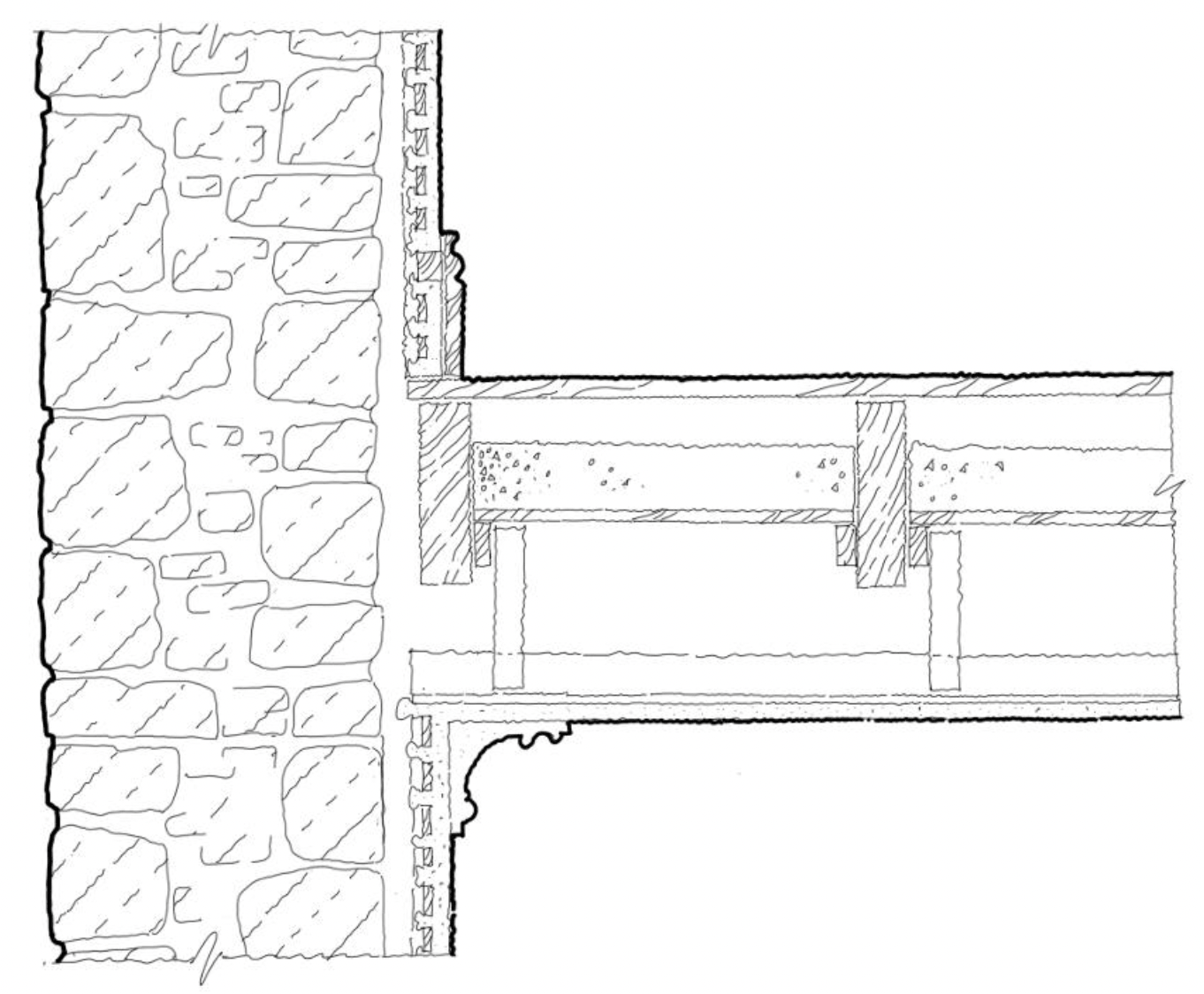 Detail section of a timber separating floor with ash deafening and a suspended lath and plaster ceiling.