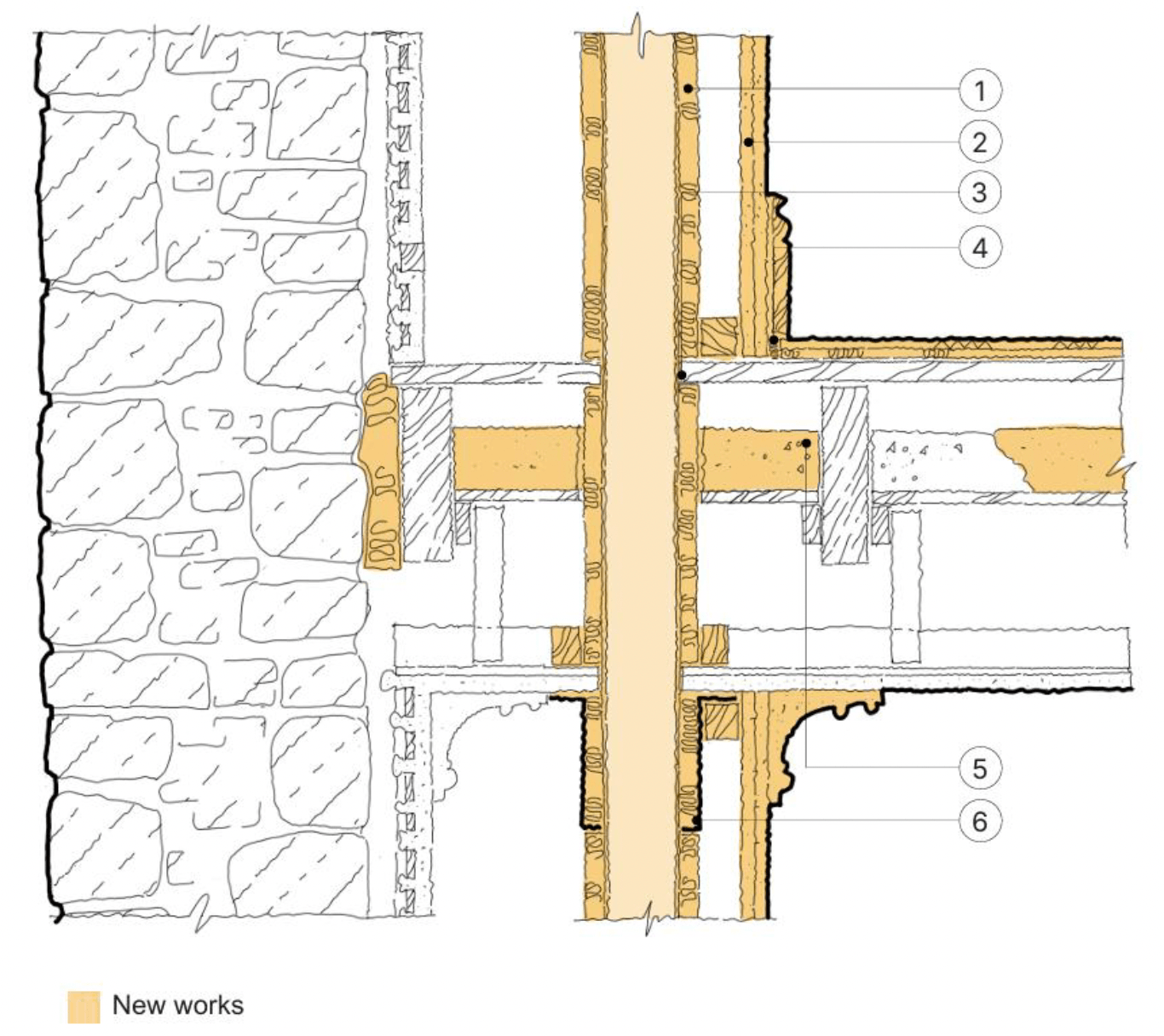 Detail section of a timber separating floor with services running within new free-standing partition.