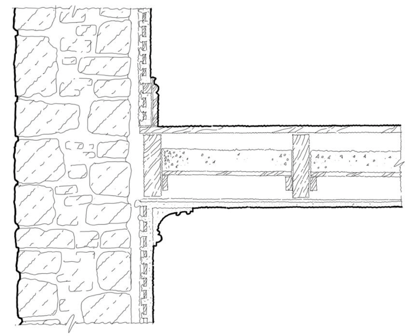 Detail section of a timber separating floor with an ash deafening and a lath and plaster ceiling directly fixed to the joists.