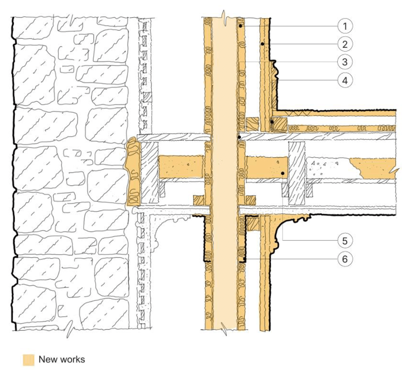 Detail section of a timber separating floor with services running within a new free-standing partition.