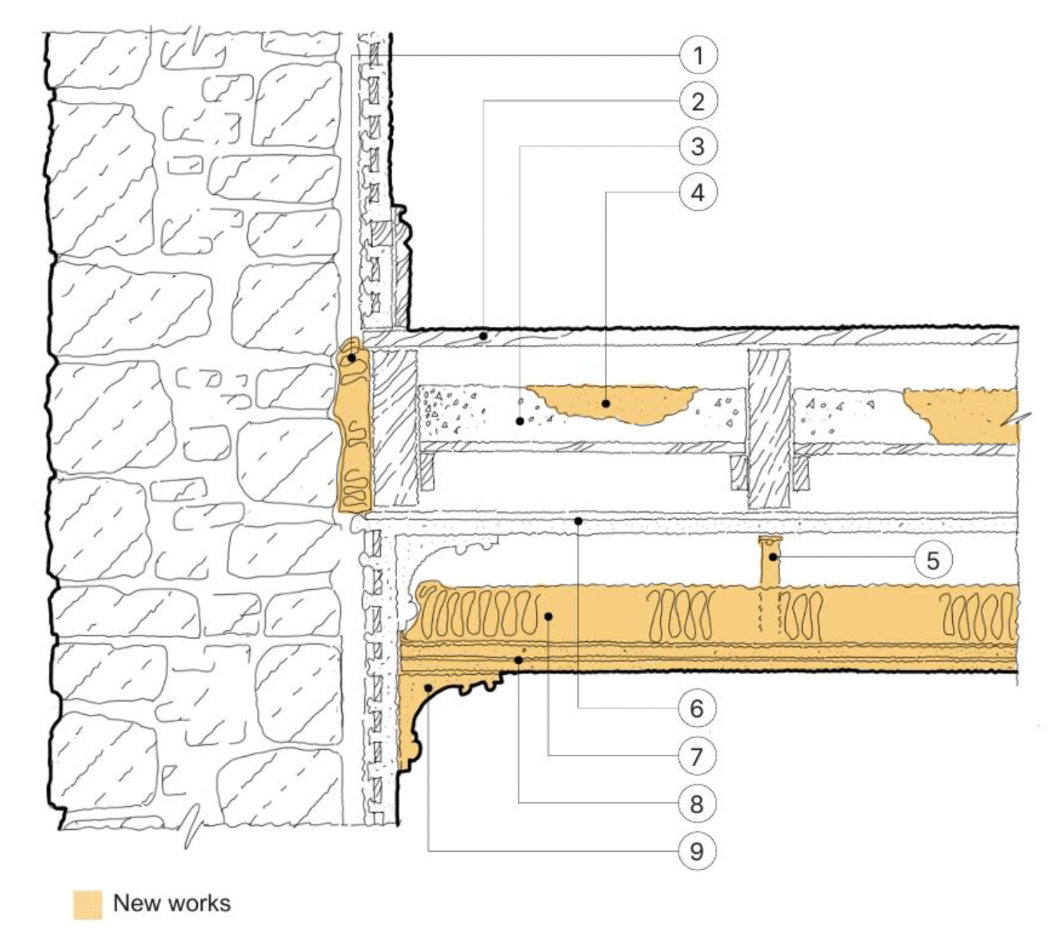 Detail section of a timber separating floor with works to underside of floor, lowering existing ceiling height.