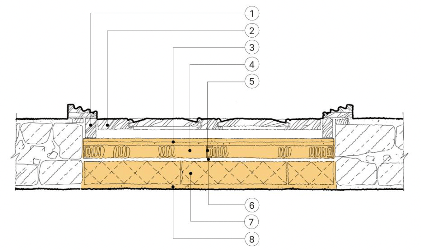 Detail section of a wall describing an approach to the blockwork infill of an original opening, retaining the original features of the door to one side.