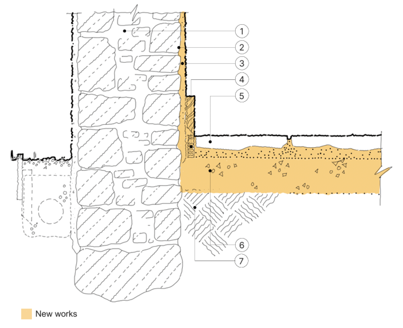 Detail section of a solid floor to wall junction showing new insulation installed on top of existing substrate and original floor re-laid. Insulated plaster is shown on internal face of existing wall.