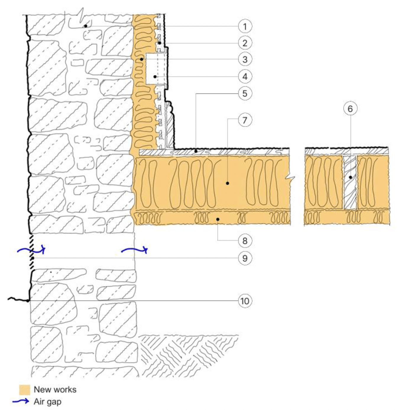 Detail section of a suspended timber floor to wall junction showing new insulation installed between existing joists and original floor retained. New insulation is shown behind lath and plaster.