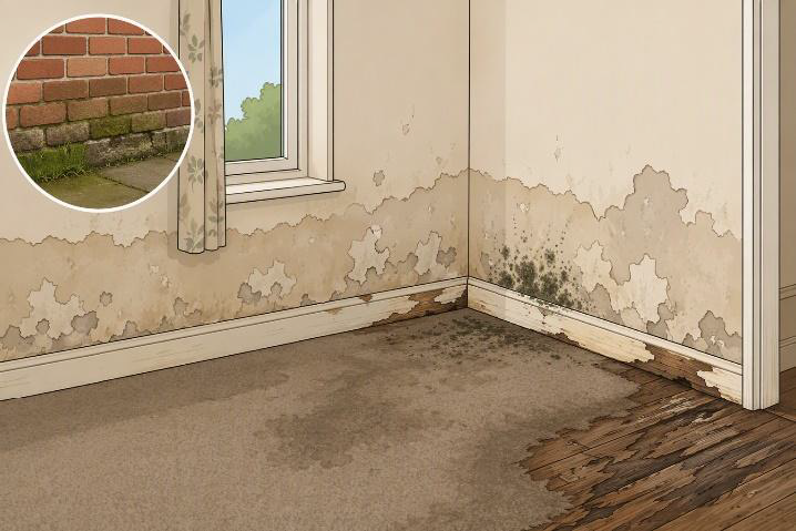 Cartoon graphic showing potential indicators of rising damp and mould in a domestic setting.