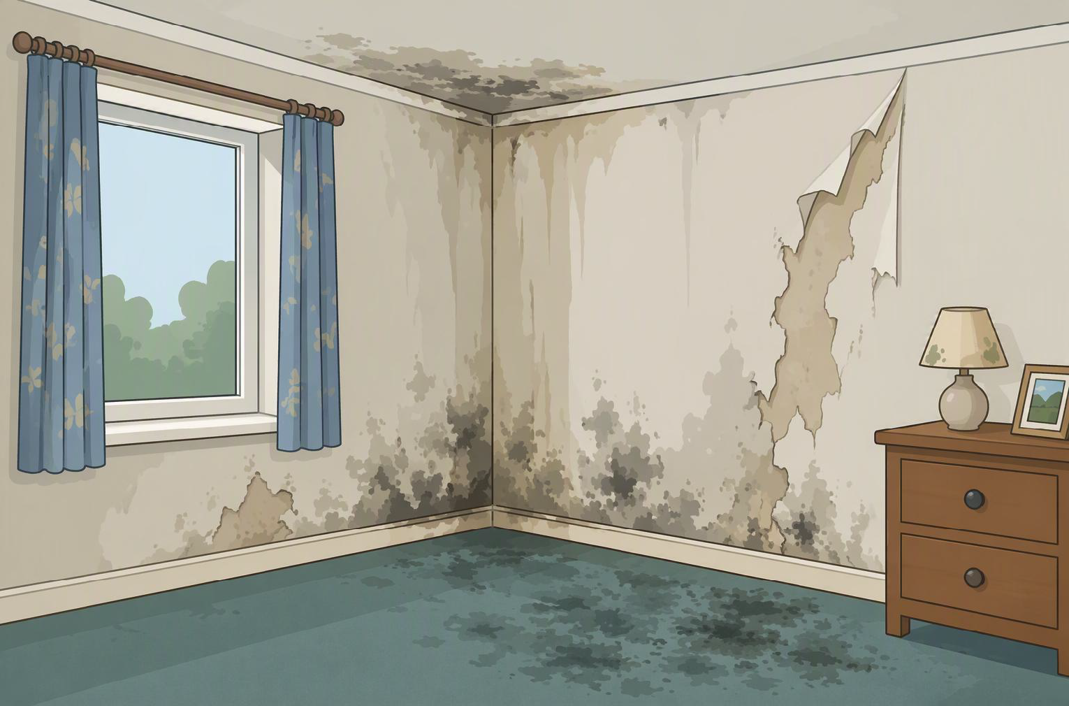 Cartoon graphic showing potential indicators of penetrating damp and mould in a domestic setting.