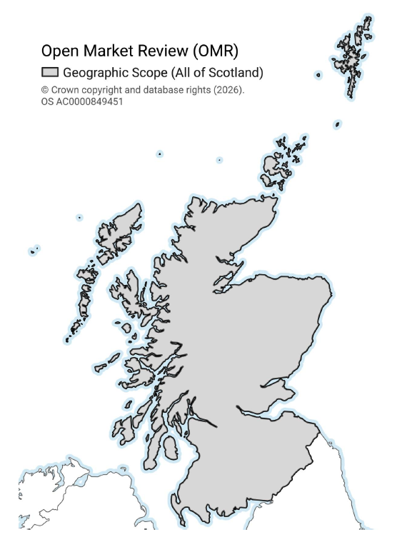 A map of the UK and Ireland. Scotland has a grey fill with a black outline. Other countries have a white fill with a grey outline. Coastlines have a light blue outline.