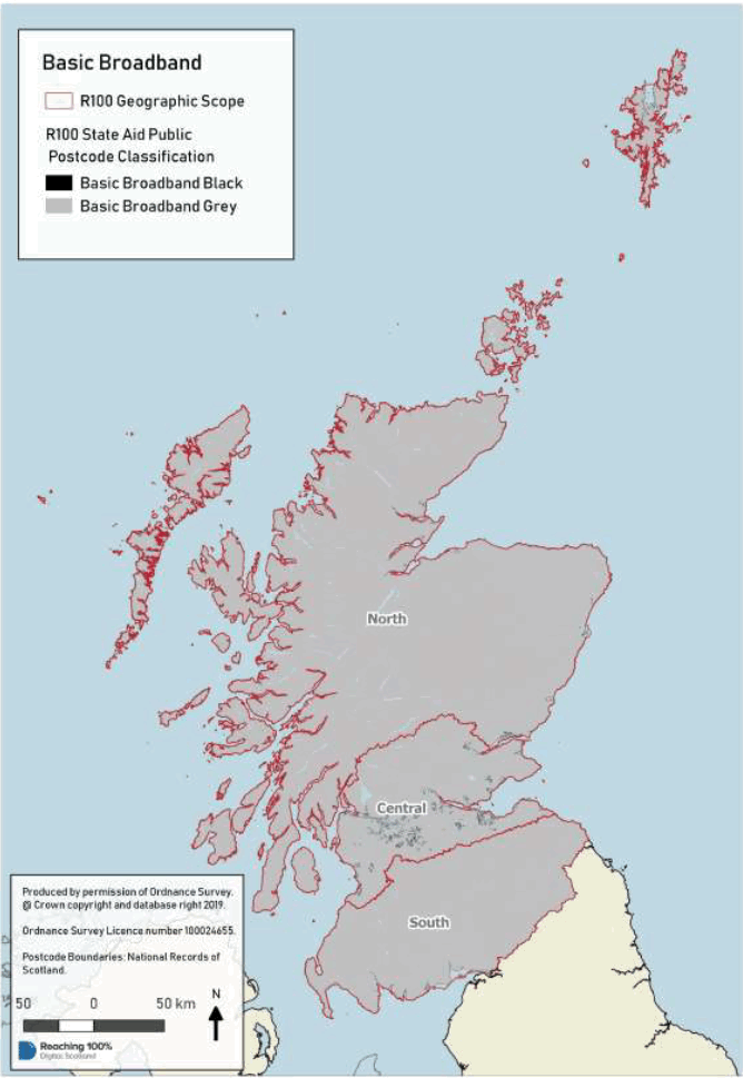 Appendix B – map of Scotland showing basic broadband coverage split by R100 lots.