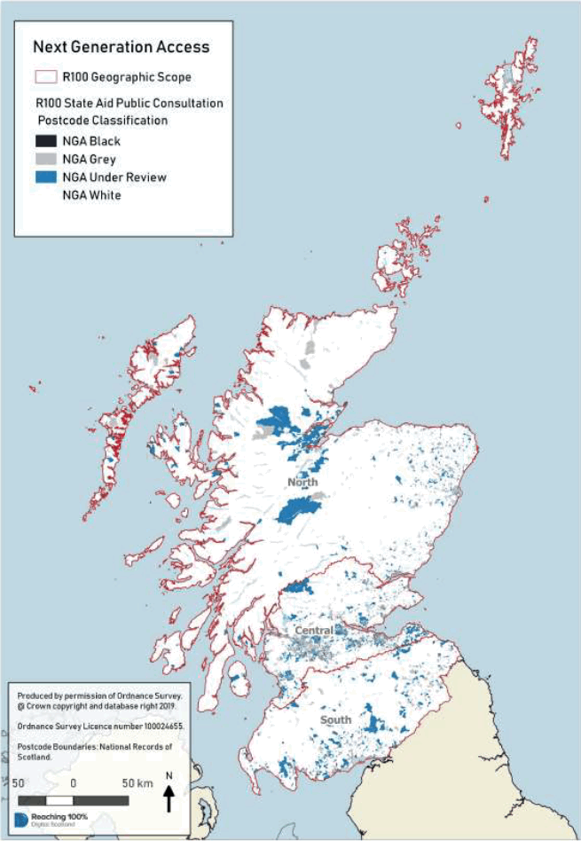 Appendix C – map of Scotland showing Next Generation Access (NGA) broadband coverage split by R100 lots.
