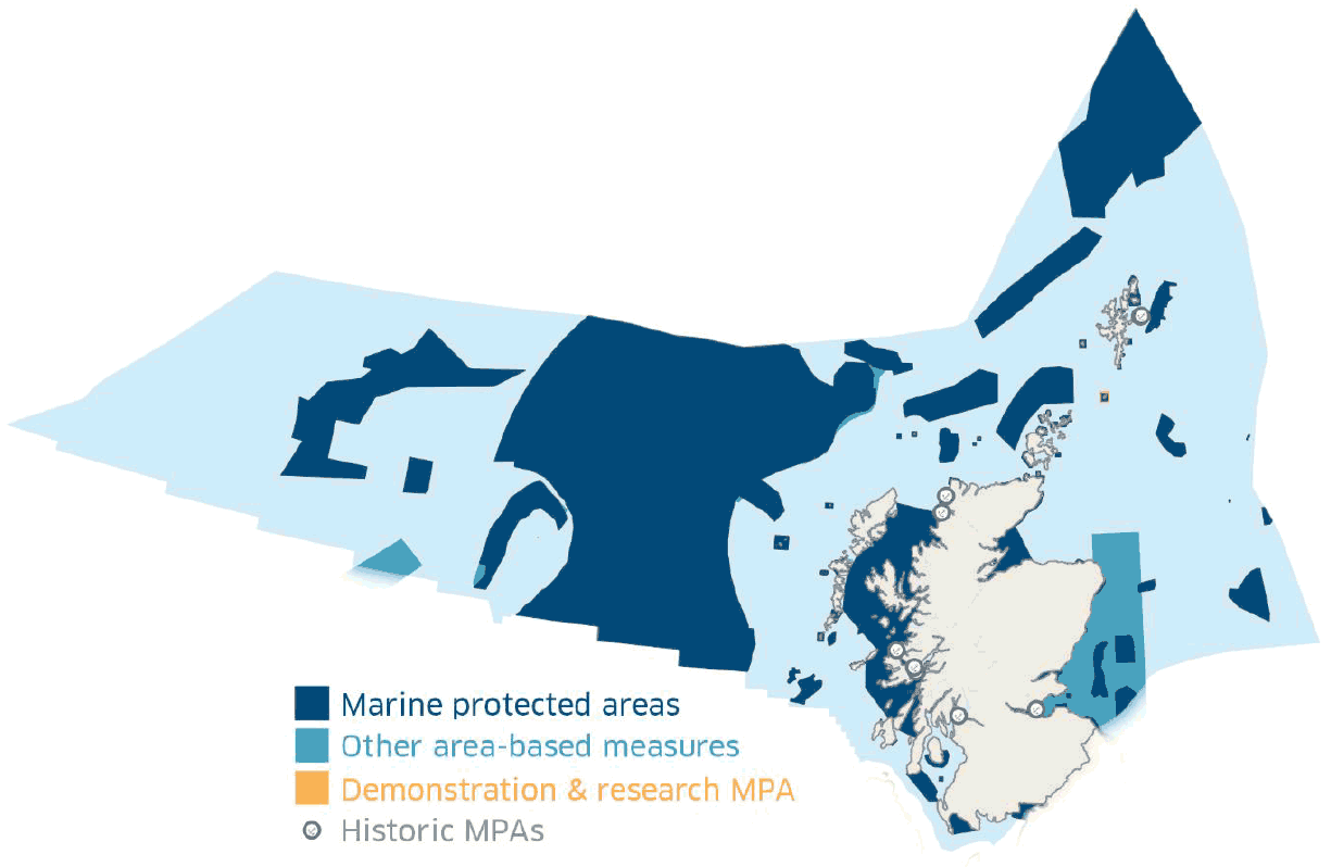 A map shows the coverage of the existing Marine Protected Area network in Scottish waters. The key shows Nature Marine Protected Areas, other area-based measures, demonstration and research Marine Protected Areas, and Historic Marine Protected Areas.