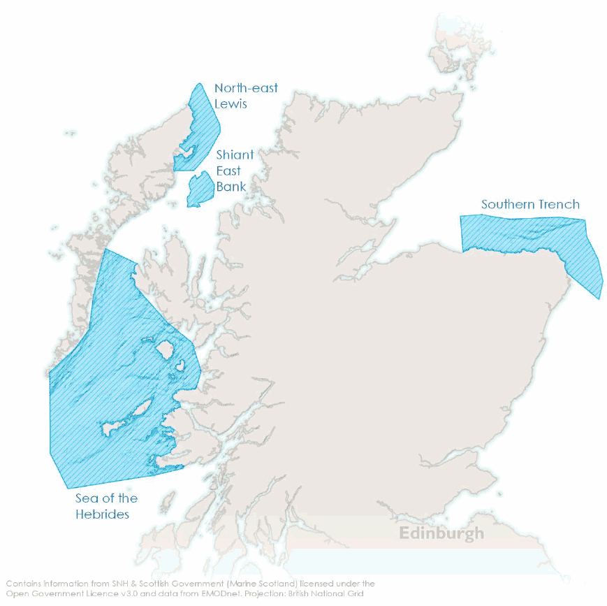 A map shows the four possible Marine Protected Areas as consulted upon against a map of Scotland and its inshore waters.