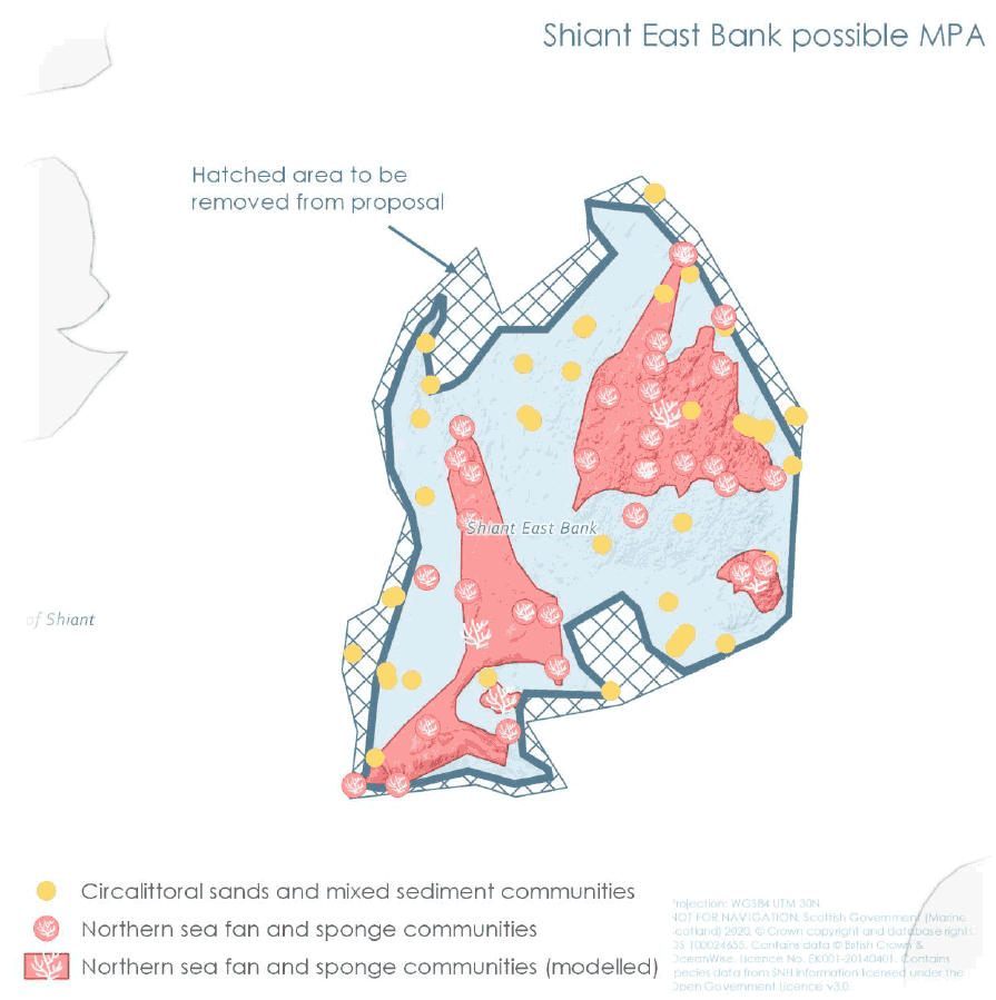 This is a map of the Shiant East Bank possible MPA, showing the previous and final proposed boundary following consultation, as well as feature records and modelled feature extents.