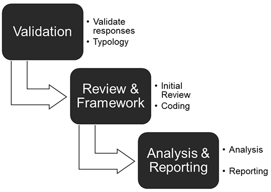 Diagram outlining Methodology - Validation, Review and Analysis and Reporting