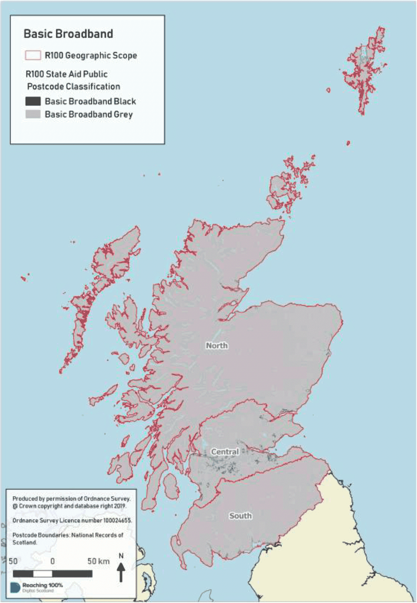 Map showing coverage of basic broadband availability across Scotland