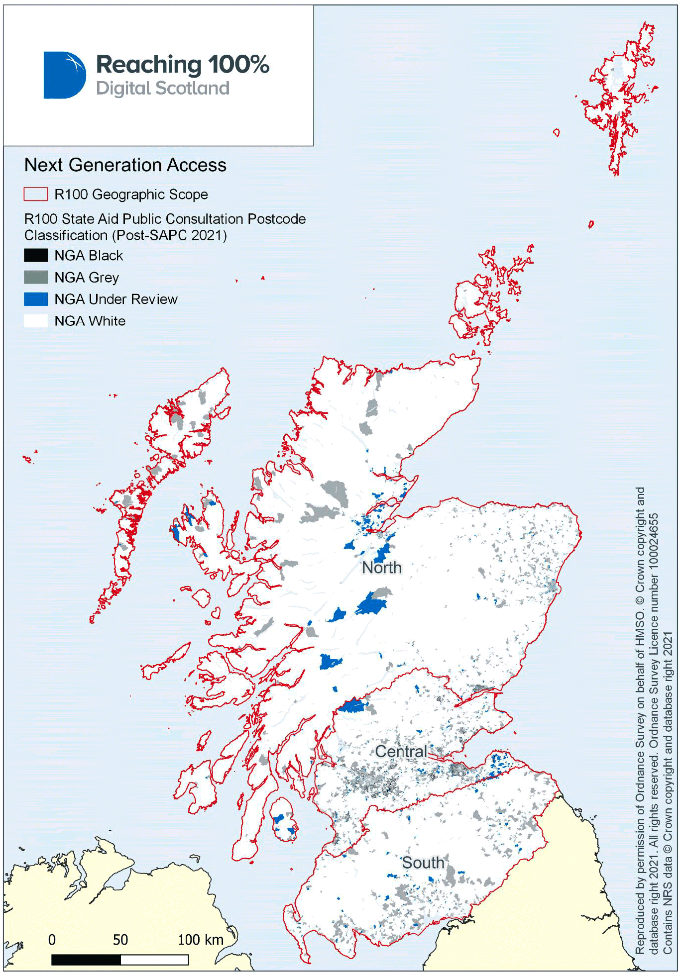 Map showing coverage of next generation access broadband availability across Scotland