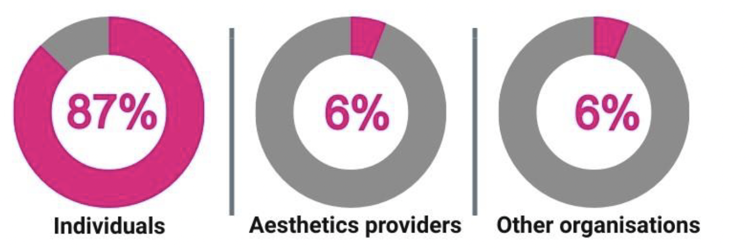 Figure 1.2 respondents categories, individuals 87%, aesthetics providers 6% and other organisations 6% 