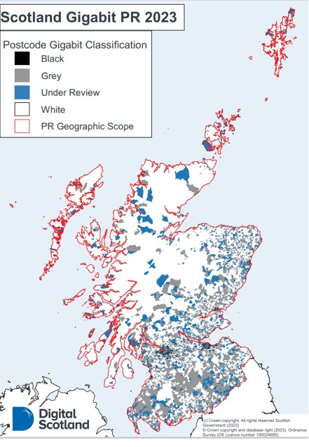 A map of Scotland showing the gigabit classifications (black, grey, under review and white) at postcode level.