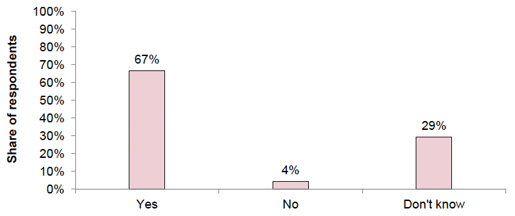 A bar chart presenting a breakdown of the responses to Question 3.1. 67% of the respondents to this question answered “Yes”, 4% answered “No”, and 29% selected the option “Don’t know”.