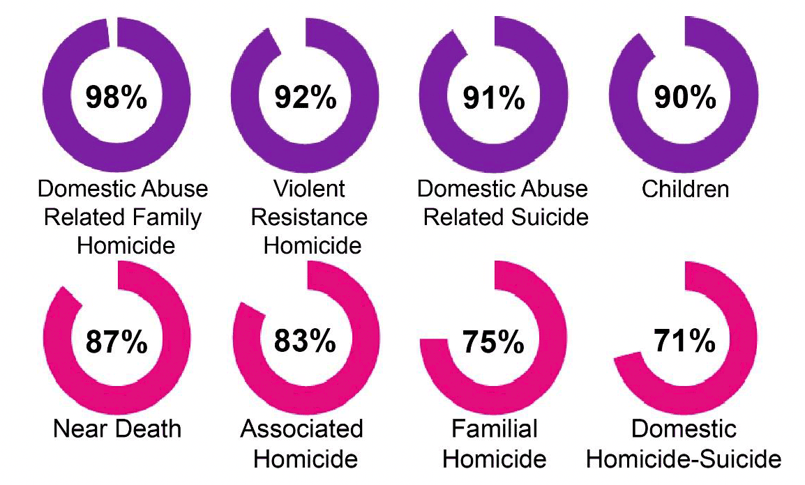 A series of doughnut charts showing the percentage support to include the eight categories presented as part of the scope of a Domestic Homicide Review model for Scotland. There was 98% support for 'Domestic Abuse Related Family Homicide', 92% for 'Violent Resistance Homicide', 91% for 'Domestic Abuse Related Suicide', 90% for 'Children', 87% for 'Near Death', 83% for 'Associated Homicide', 75% for 'Familial Homicide' and 71% for 'Domestic Homicide-Suicide'.