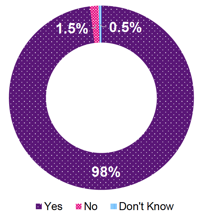 A doughnut chart of percentage responses to include 'Domestic Abuse Related Family Homicide' in model scope. 98% of respondents answered 'Yes', 1.5% answered 'No', and 0.5% answered 'Don't Know'.