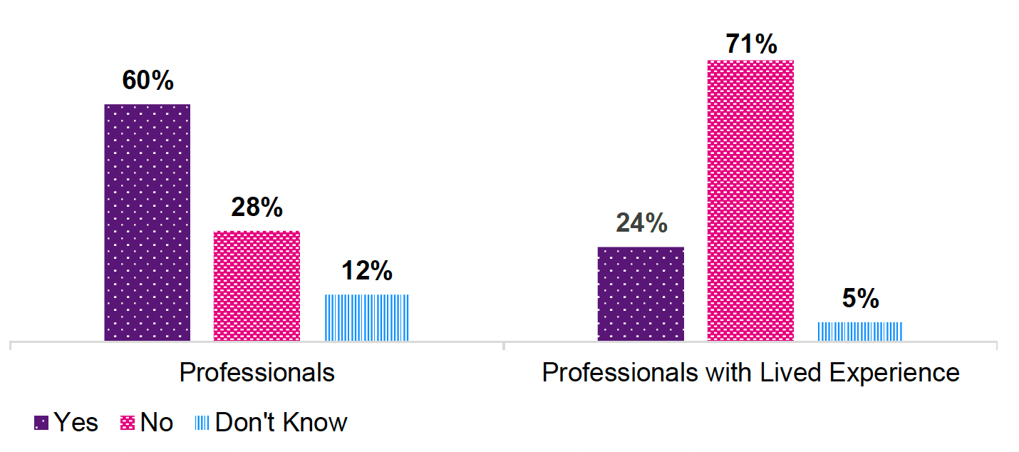 Comparative bar chart between professionals and professionals with lived experience on whether the review should consider decisions made by professionals in relation to the surviving dependents of the victim. 60% of professionals and 24% of professionals with lived experience agree that the review should consider decisions made by professionals. 28% of professionals and 71% of professionals with lived experience disagree. 12% of professionals and 5% of professionals with lived experience don't know.