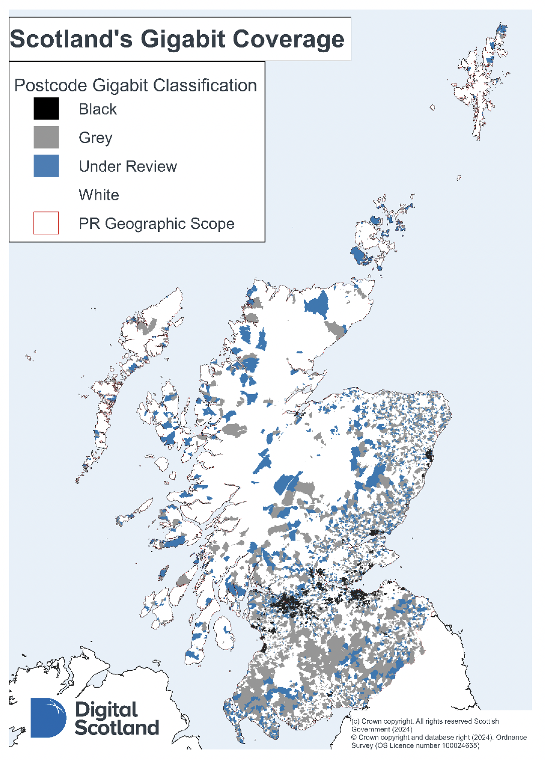 A map of Scotland showing gigabit classifications at postcode level.