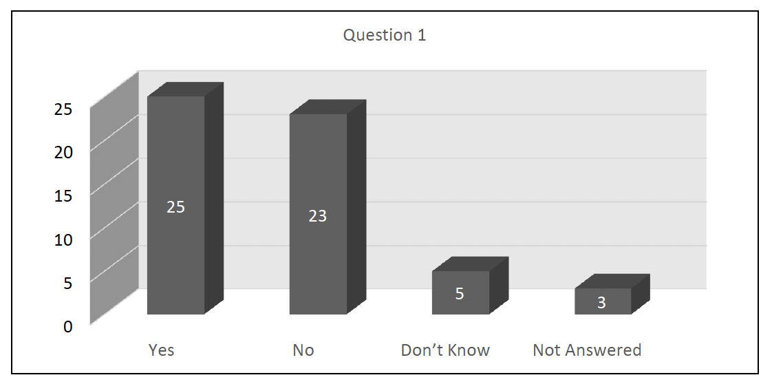 This graph shows the options of yes, no, dont know and not answered horizontally  with the number of responses, 3, 5, 23 and 25 shown vertically.
This graph is a visual version of the information in the table above.