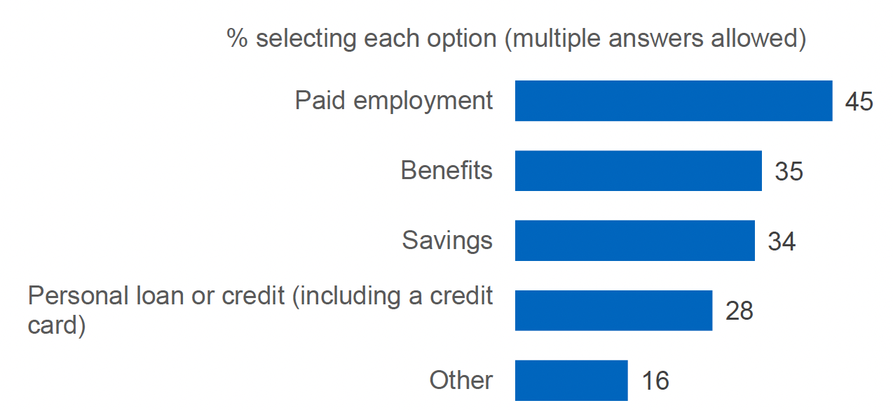 A horizontal bar chart showing the percentage of respondents selecting each answer option to the question If you required financial support to undertake your studies, which of the following would be available to you to access? 
The most commonly selected type among those answering was paid employment (45%). One third (35%) could access benefits, 34% could access savings, while 28% indicated they could access a personal loan or credit if needed.