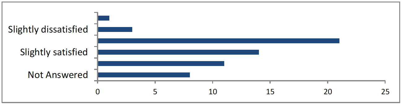 Bar chart shows 1 very dissatisfied, 3 slightly dissatisfied, 21 neither satisfied nor dissatisfied, 14 slightly satisfied, 11 very satisfied, 9 not answered