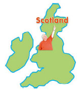 Map of UK and Ireland with the word Scotland at the top