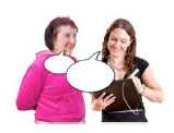 Two women smiling with empty speech bubbles