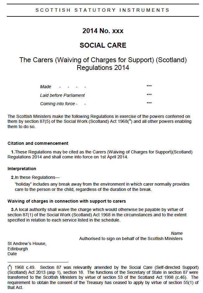 Scottish Statutory Instruments: The Carers (Waiving of Changes for Support) (Scotland) Regulations 2014