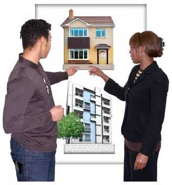 two people looking at images of houses