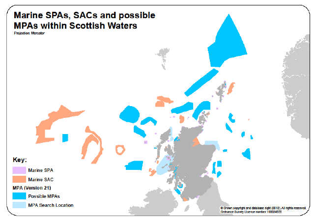 Figure 7. Marine SPAs, SACs and possible MPAs within Scottish Waters