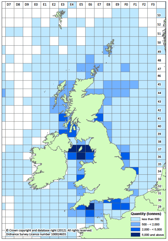 Figure 4. Shellfish landings (tonnes) by areas of capture (ICES rectangles)