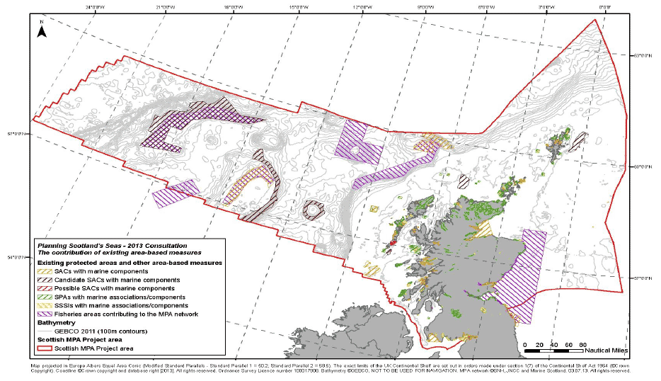 Figure 6. Existing protected areas, other area-based measures, possible Nature Conservation MPAs and MPA search locations