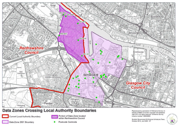 Figure 1.3: Showing Data Zone S01003436 which crosses the Local Authority boundary between Renfrewshire and Glasgow City