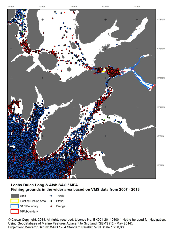 Figure F4: VMS data from 2007 to 2013 showing fishing grounds near Lochs Duich Long & Alsh