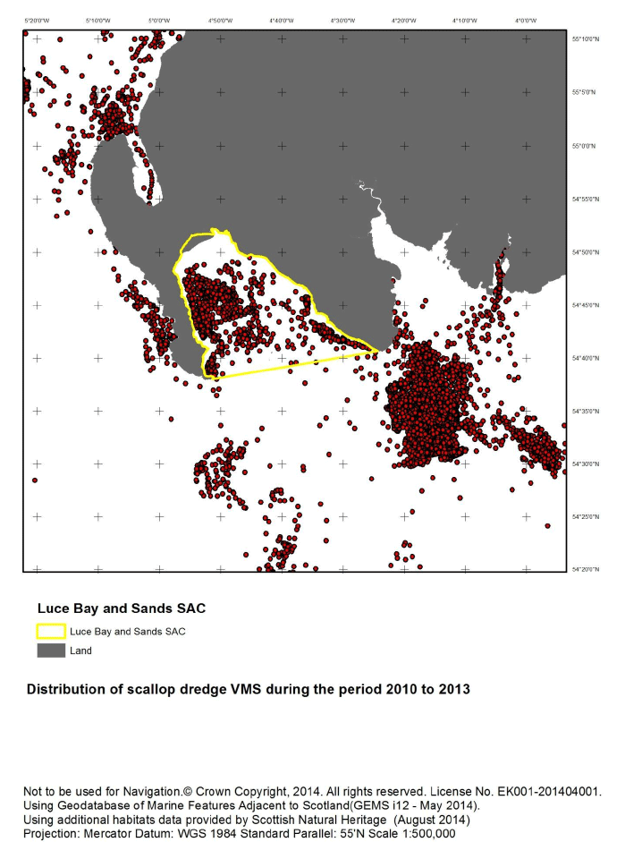 Figure G5: Scallop dredge VMS data (2010 - 2013) for Luce Bay and the wider area