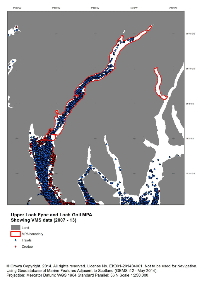 Figure P8: VMS data from 2007 to 2013 near to Upper Loch Fyne and Loch Goil MPA